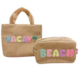 🦋OMG ACCESSORIES  "VACAY and BEACH" STRAW MINI TOTE AND POUCH SET…
